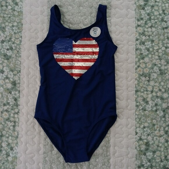 Osh Kosh B'gosh Girls 1 Piece Swimsuit Size 14 Sequin Heart Blue 4th of July - Picture 3 of 5